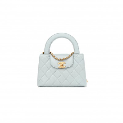 CHANELSHINY AGED CALFSKIN QUILTED NANO KELLY SHOPPER LIGHT BLUE AS4461 01 (19*13*6cm)